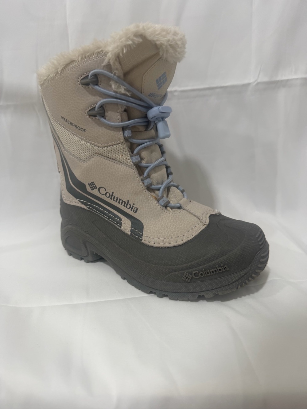 Columbia Kids Waterproof Snow Boot in Beige and Gray with Faux-Fur Collar